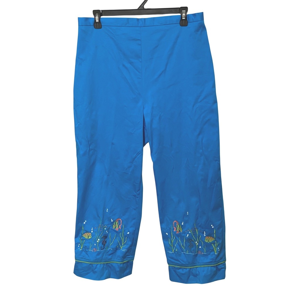 Tropical Coastal Pull On Womens Pants Size 14 Blue Embroidered Fish Cruisewear - Picture 1 of 7